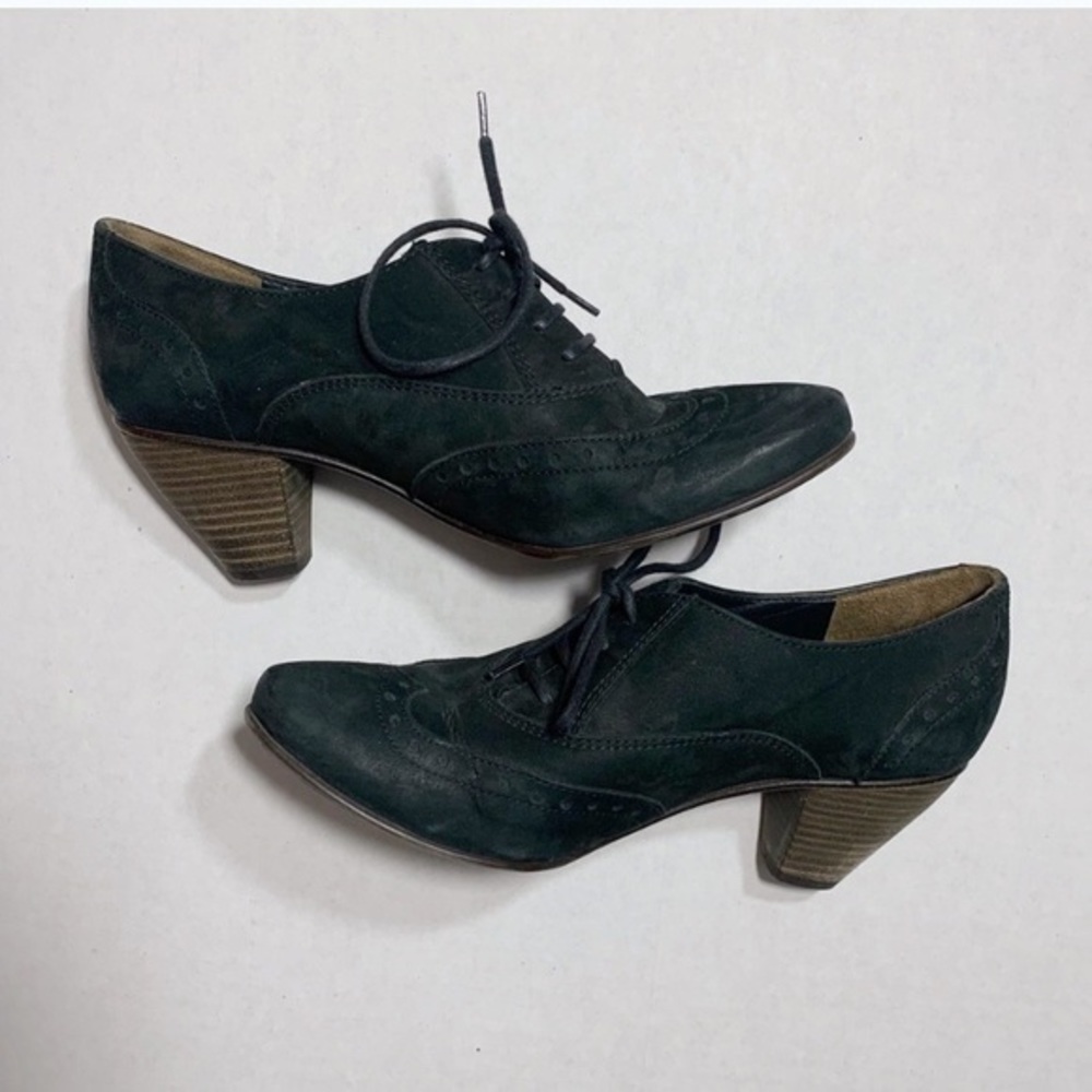 Paul Green Black Leather Oxford Heels Size 7 Lace Up Wingtip Block Heel Comfort